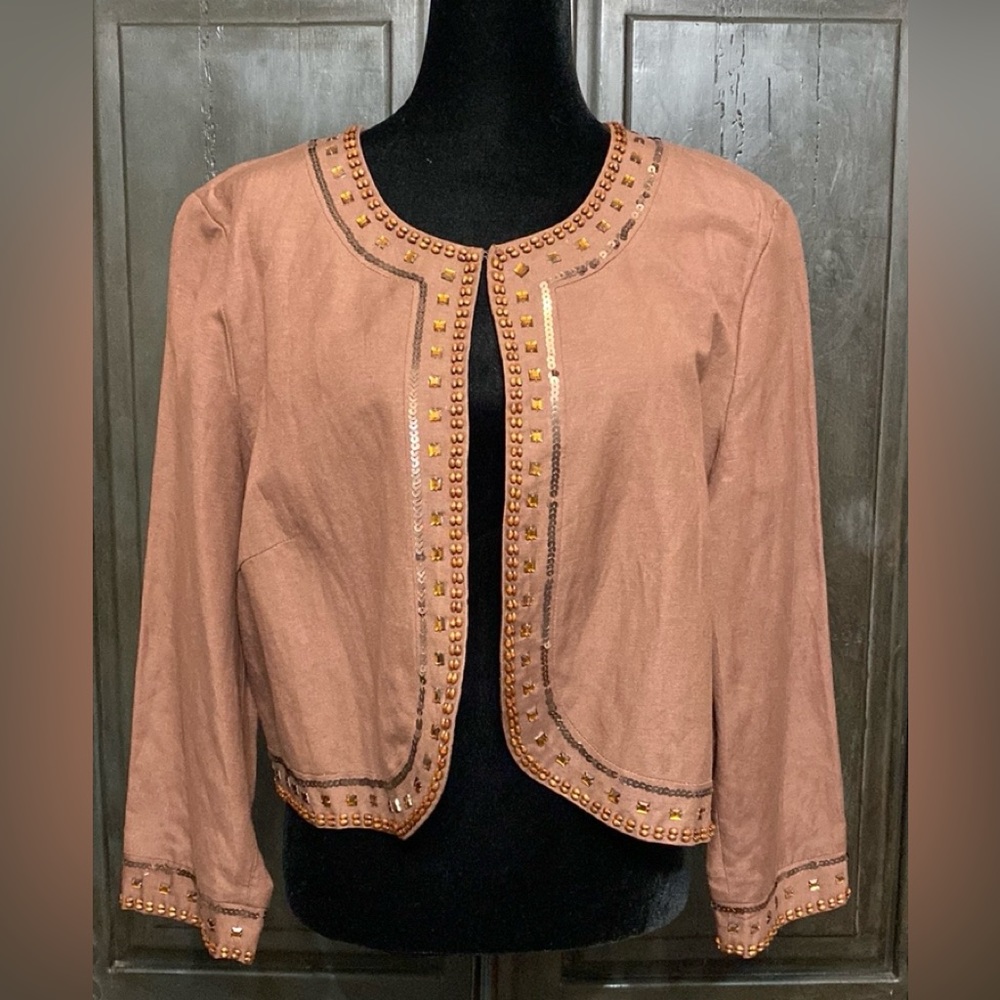 Dress Barn Brown Linen sequence cropped jacket - Size Large